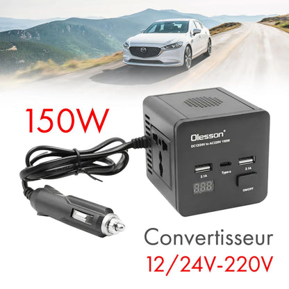 Convertisseur de tension en voiture Olesson® avec surveillance de puissance 150 watts, 12 volts, 2 USB, 1 USB type C et 2 prises