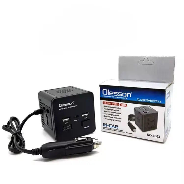 Convertisseur de tension en voiture Olesson® avec surveillance de puissance 150 watts, 12 volts, 2 USB, 1 USB type C et 2 prises